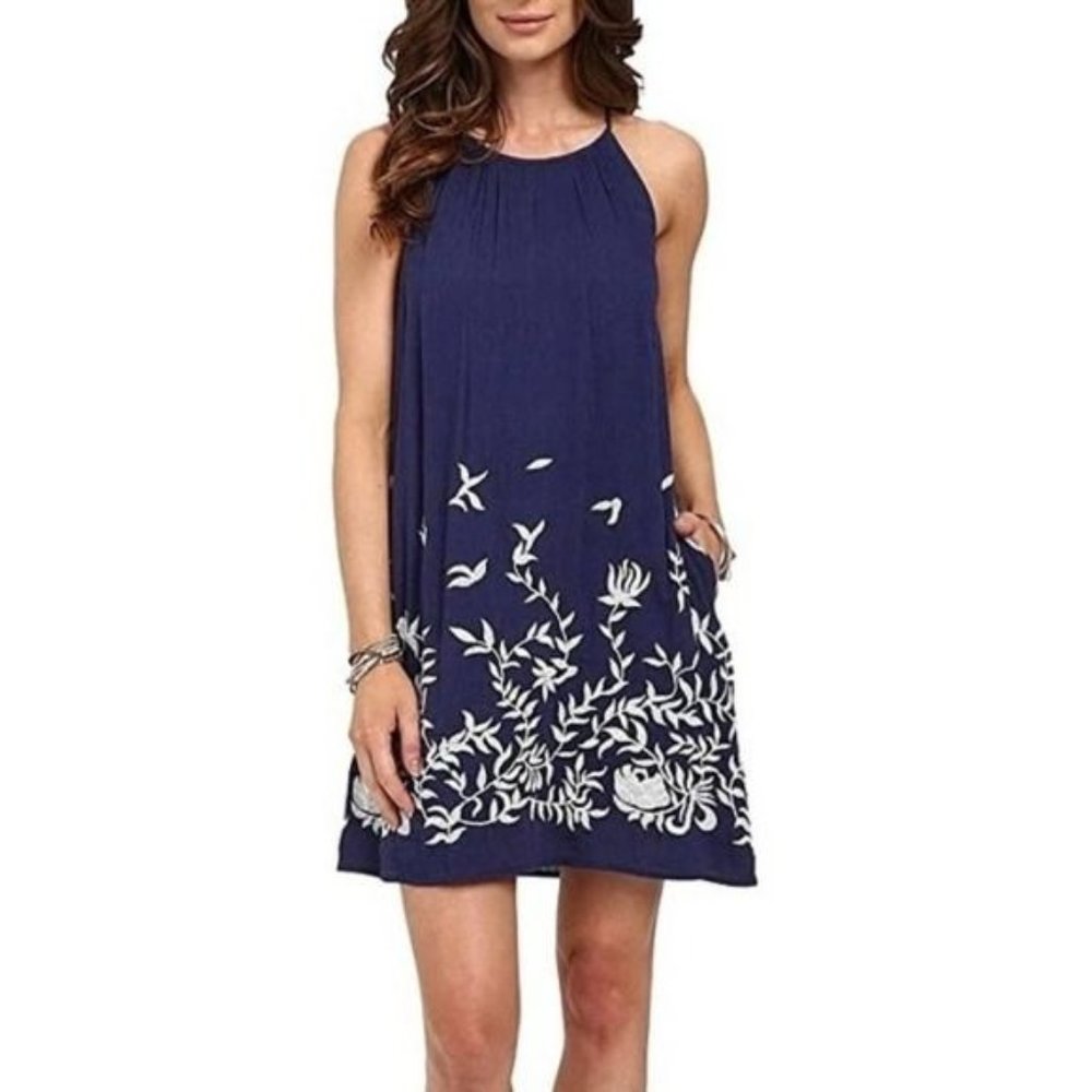 Lucky Brand Embroidered Floral Blue and White Mini Dress Sz M